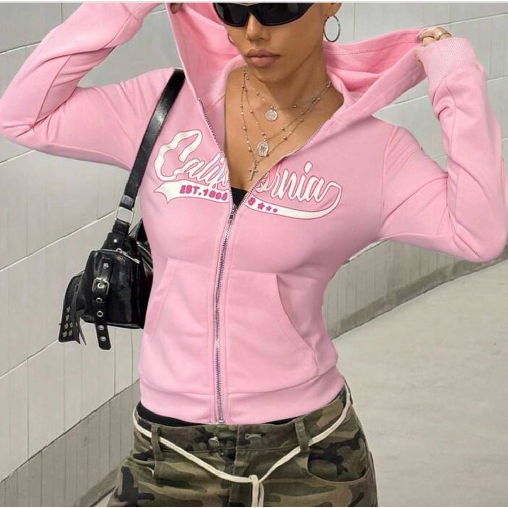 SHEIN Pink California Script Zip-Up Hoodie